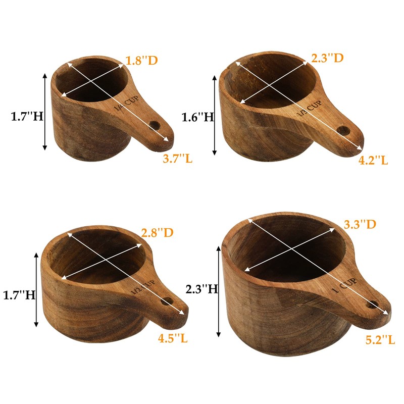 Lyellfe Set of 4 Acacia Wood Measuring Cups, Stackable Kitchen