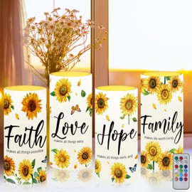 Tiamon Sunflower Flameless Candles LED Love Hope Faith Candles Battery Operated Yellow Floral Flickering Candles with 18 Key Remote Timer Pillar for Summer Holiday Table Decorations