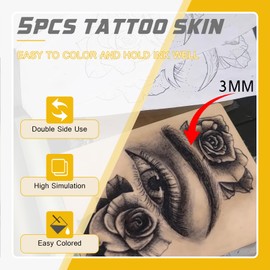3MM Tattoo Skin Practice Kit - Narkysus 67Pcs Tattoo Starter Kit for Beginners Includes 5Pcs 3mm Fake Skin 5Pcs Transfer Paper 5pcs Black Dental Bibs 50pcs Ink Caps and 2 Pairs Gloves