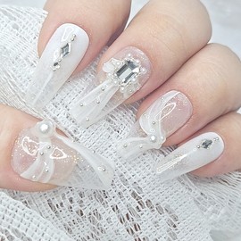 Wedding Chiffon Handmade Nail Tips - Short Oval / 웨딩 쉬폰 수제네일팁 - 숏오발