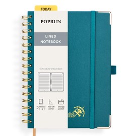 POPRUN Spiral Bullet Lined Journal Notebook, [A5 Size] - 120 Gsm Thick Paper, 141 Numbered Pages, Wirebound Notepad for Men & Women with Pocket, Index Tabs, 8 Perforated Sheets, Pacific Green