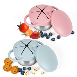 PEDFKLTU 2 Pack Snack Cups for Toddler - 9 OZ Stainless Steel Spill-Proof Baby Snack Containers with Silicone Catcher and Lid, Travel Snack Containers for Kids, Dishwasher Safe, BPA Free