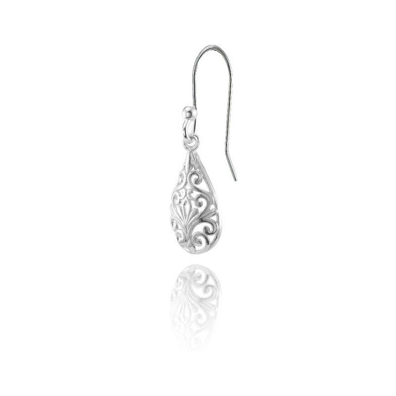 Sterling Silver Pear-Shape Filigree Polished Dangle Earrings