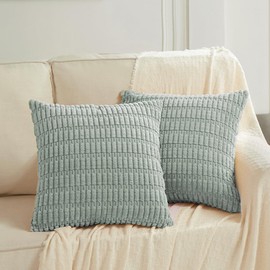 Fancy Homi 2 Packs Grey Blue Decorative Throw Pillow Covers 16x16 Inch for Living Room Couch Bed Sofa, Soft Striped Corduroy Square Cushion Case 40x40 cm, Rustic Farmhouse Boho Home Decor