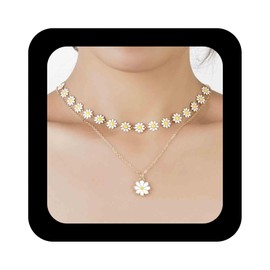 Cimenexe Bohemian Layered Daisy Choker Necklace White Enamel Daisy Pendant Necklace Gold Sunflowers Chain Necklace Small Daisy Flower Necklace Jewellery for Women, Zinc, No Gemstone