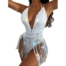 THSCWY Women's Sexy Deep V Swimwear Backless Tassel Style One Piece Swimwear, White
