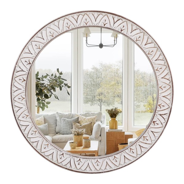 30" Round Wall Mirror, Rustic Wooden Frame Circle Mirrors, Wall Mounted Bathroom Mirror Distressed Hanging Mirrors for Living Room, Bedroom, Entryway, Fireplace, Hall