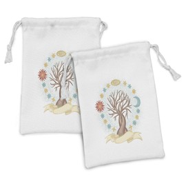 Lunarable Sun and Moon Fabric Pouch Set of 2, Tree of Life Hand Drawn Artwork Surrounded by Stars Cosmic, Small Drawstring Bag for Toiletries Masks and Favors, 9" x 6", Multicolor