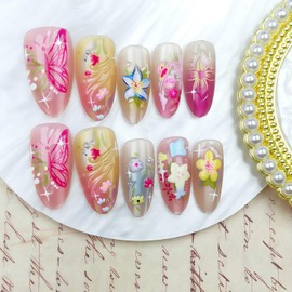 24Pcs Summer Press on Nails Pink Bow Embossed Pattern and Flowers Stars Butterflies 3D Pearl Full Cover Stick on Nail Colorful French Tip Press ons Nails Reusable for Women DIY Nail Accessories