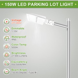 480V 150W LED Parking Lot Light, Shoebox Pole Light, 19500Lm, 5000K, 450W MH/HPS Replacement, Outdoor Commercial Area Street Security Lighting Fixture (150W (277-480V), Slip Fitter)