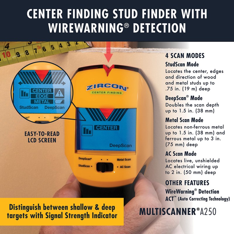 Zircon MultiScanner A250 All-In-One Stud Finder/Metal Detector/Live AC Wire Detection