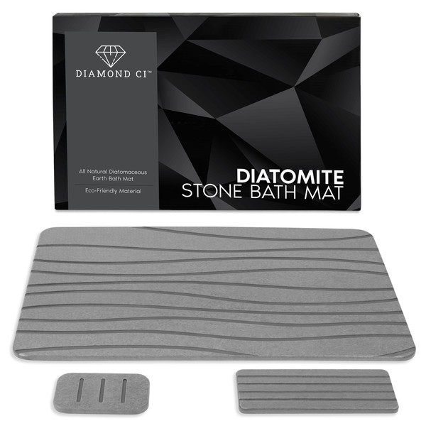 Shower Stone Bath Mat, Dark Gray, Set of 3 - Drying Stone Bath Mats for Bathroom, Kitchen Counter, Dish Drying - Quick Dry, Super Absorbing, Non-Slip Dry Stone Bath Mat for Soap, Diatomite Mats