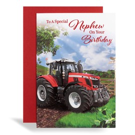 Birthday Card for Nephew, Red Tractor Design, Farm Theme Greeting Card with Envelope