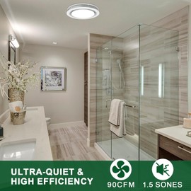 Akicon Bathroom Exhaust Fan with Light, 90 CFM, 1.5 Sones Bathroom Vent Fan for Ceiling, 15W Dimmable 3CCT LED Light with 5W Night Light Ventilation Fan for Bathroom and Home, Round, Matte White