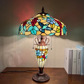 Capulina Tiffany Table Lamp 3-Light with Nightlight 16X16X25 Inches Grape Style Stained Glass Mother-Daughter Vase Desk Light for Home Office Living Room Bedroom