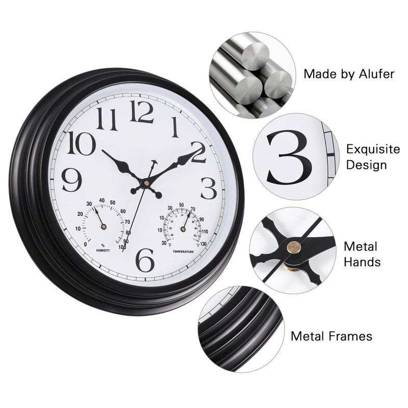 Vigorwise 15 Inch Outdoor Clock, Black Metal-Frame Outdoor Clocks Waterproof,