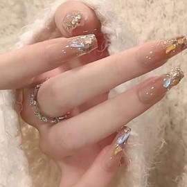 Hkanlre Uñas Postizas de Presión Estilo Ataúd, Color Nude, Tamaño Mediano, Estilo Francés, con Puntas de Cobertura Total Y Pedrería. Juego de 24 Unida