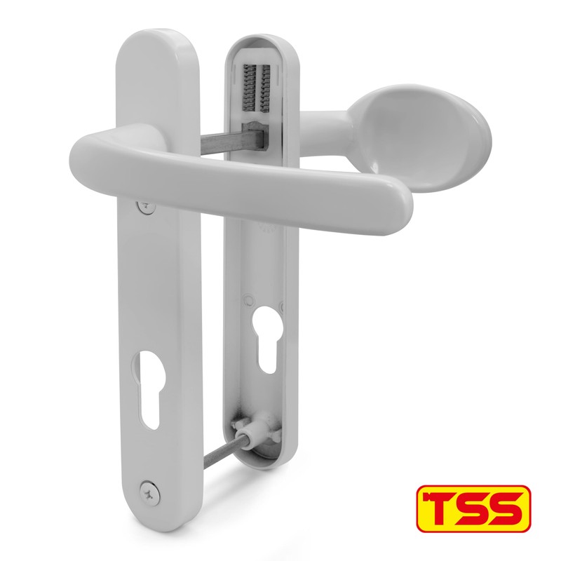 TSS White UPVC Door Handle Pair Set, Sprung, 92mm PZ