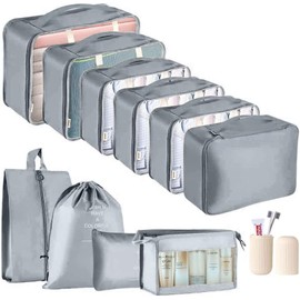 Packing Cubes for Suitcase - GEEDIAR 11 PCS Packing Cubes Travel Luggage Organizers Bag Waterproof Travel Essentials Bag Clothes Shoes Storage Bags（Grey）