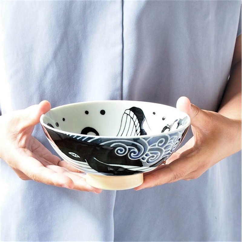 Minorutouki Rice Bowl Extra Large White Wave Whale Blue φ5.8×H2.6in