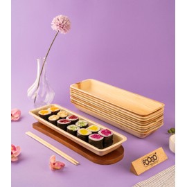 FOOGO Green 10 Disposable Palm Leaf Serving Trays, Large 13"x4" (33x10cm), Sushi Trays, Platters Starters Wedding Parties, Charcuterie Board, Wooden Plates Hot Food Trays, Eco Friendly Biodegradable