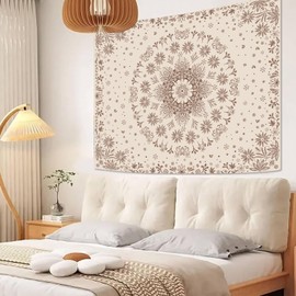 Fowocu Boho Floral Mandala Tapestry Wall Hanging Bohemian Flower Medallion Tapestry Aesthetic Beige Brown Hippie Indian Small Tapestries for Bedroom Living Room Dorm Decor 48 x 36 Inch