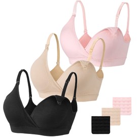 Vinfact Nursing Bra 3 Pack Seamless V Neck Maternity Bra Women Pregnancy Breastfeeding Bra（A-Black,Nude,Pink，XXL）