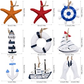 Pack of 9 Maritime Pendants Decorative Small Wood for Fishing Net Wall Decorative Pendant Sea with Hanging Anchor, Miniature Life Ring, Mini Boat, Starfish, Fish, Rudder, Lighthouse, Steering Wheel