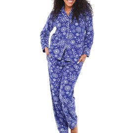 Alexander Del Rossa Women's Soft Warm Fleece Pajamas Plush Lounge Set, Long Sleeve Top and Pants, PJ Royal Snowflakes Large (A0324Q57LG)