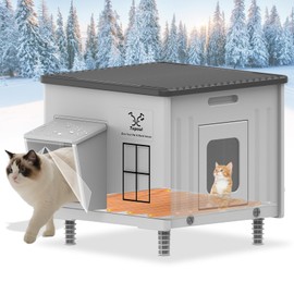 Tepoal Plastic Heated Cat House for Outside Winter, Elevated Feral Cats Shelter 100% Weatherproof & Insulated with Safe Escape Door, Outdoor Cat House with Heated for Stray Kitty Grey 17.7"X17"X17.5"