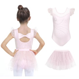 JiAmy Girls' Ballet Clothing Ruffle Sleeves Ballet Dress Kids Ballet Outfit Dance Dress Ballerina Dress with Skirt Tutu for 3-10 Years, pink, 9 - 10 years
