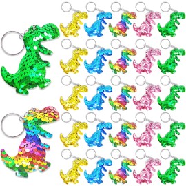 CiciBear - Paquete de 25 llaveros de lentejuelas de dinosaurio para fiesta de dinosaurios de dinosaurio, regalos de fiesta temática de primer cumpleaños, regalo de cumpleaños para niños y adultos