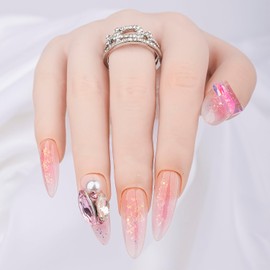 Closeus Press On Nails Handmade Long Pink Rouge Gradient 3D Crystal Cat Eye Glitter Designed Natural Fit Gem Pearl Glue Reusable Stick On Nail in 10Pcs 4 Sizes Kit M