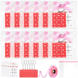 JellyArch 24 Set Valentine's Day Gift Cards with Tic Tac Toe Keychain Valentines Days Keychain Set Pink Ribbon and Bags Valentines Day Gifts Bulk for Classroom Exchange Prizes