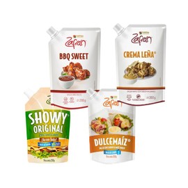 Zafran Salsa Showy 200gr, Salsa BBQ Sweet 200gr, Salsa Dulce Maiz 200gr, Salsa Crema Leña 200gr (4 Pack) Honey BBQ sauce, Colombian showy sauce, Zafran sweet corn sauce, Zafran firewood cream sauce