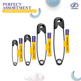 CLOUDSALE 100 Pack Safety Pins – 4 sizes (17mm, 20mm, 25mm, 31mm), black color-coated, rust-resistant steel, sharp-edged pins with clasp for arts & crafts, clothing, sewing, and dressmaking