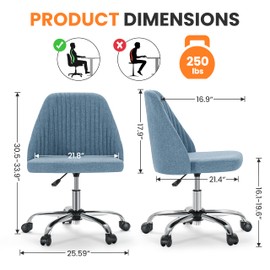 Simple Deluxe Armless Office Desk Chair, Cute Swivel Vanity Chair with Mid Back, Comfy Office Chairs with Rolling Wheels, Adjustable Computer Task Chair for Adults, Make-up, Dressing Room, Blue