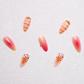 MISUD Press on Nails Medium Almond Fake Nails Glossy Glue on Nails Summer Beach Acrylic Nail Supplies Stiletto Artificial Nail Art Orange Ombre Stick on False Nails with Design DIY 24 pcs