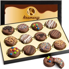 KREMERY Creamy Chocolate Cravings - Mothers Day Treats, Chocolate Covered Sandwich Cookies & Cream Gift Basket with Candied Toppings (12 Cookies) Sweet Treats in Sectional Box, Kosher Food Arrangement