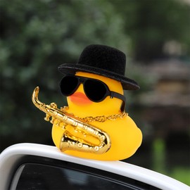 wonuu Car Rubber Duck, Yellow Duck Decoration Dashboard with Sun Hat Necklace Sunglasses for Car Dashboard Decorations, A-Duck-Black Top Hat-Instrument