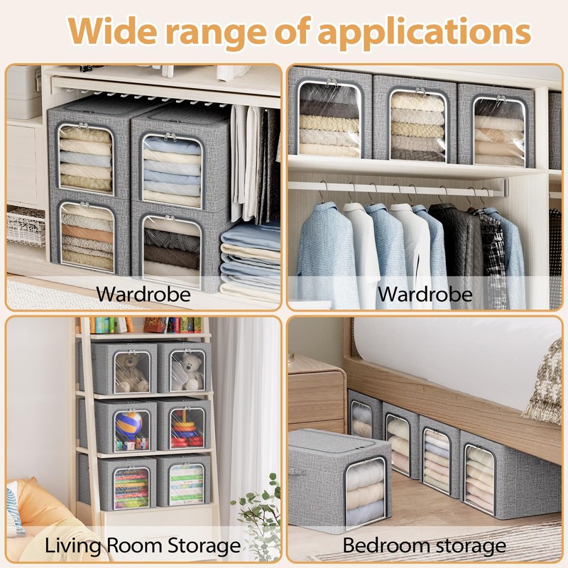 8 Pack Clothes Storage Bins with Metal Frame Foldable Clothing