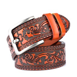 PACDE Cowboy Flower Embossed Leather Men Belt Flower Carved Leather Belt for Mens With Jeans Causal Pants (Camel,for42-43" waist size)