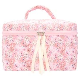 PAZIMIIK Quilted Makeup Bag Large Travel Zipper Soft Cosmetic Case for Women Girls Make Up,Pink Flower