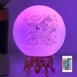 Growiner Moon Lamp, 3.9 Inch 3D Moon Night Light Gifts for 3 4 5 6 7 8 9 10 11 12 13+ Year Old Girls Birthday, Unicorn Gifts for Girls Age 3 4 5 6-8+ 16 Colors with Crown Stand & Remote Control