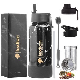Lexlion Tea Infuser Bottle - Fruit Infuser Water Bottle 32 Oz, Triple Walled Insulated Stainless Steel Bottle, Thermal Leaf Infuser, Silicone Sleeve, Cleaning Brush, 3 Lids Leakproof, Metal Mug Gallon