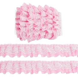GORGECRAFT 5m*50mm Double Layer Chiffon Lace Edge Trim Pink Pleated Gathered Organza Tulle Fabric Ruffles Lace Edging Trimmings Ribbon for Sewing DIY Crafts Wedding