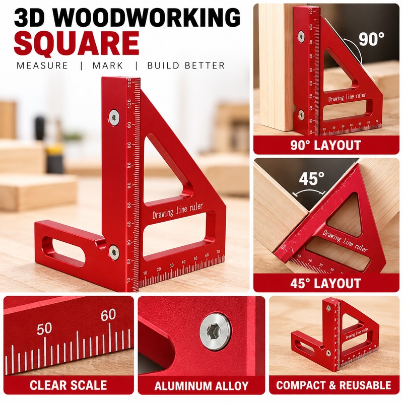 3D Woodworking Square Ruler, Aluminum Alloy 45°/90° Multi-Angle Measuring &