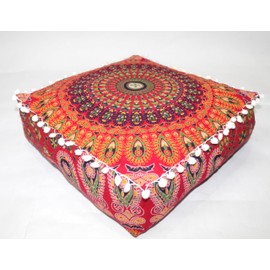 Mandala Barmeri Large Floor Pillow Cover Cushion Meditation Seating Ottoman Throw Cover Hippie Decorative Zipped Bohemian Pouf Ottoman Cases Red, 16" Square