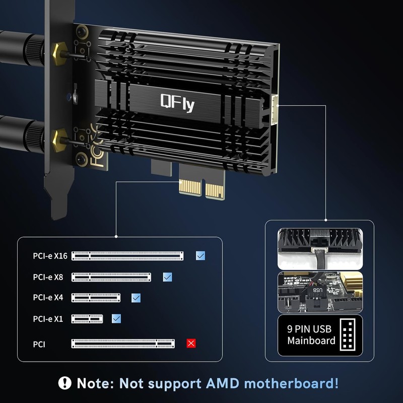 WiFi 7 Network Card 8774Mbps QFly PCIe WiFi Card with