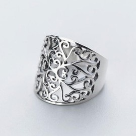 LRESJJIUJ 925 Sterling Silver Carved Ring, Bohemian Ethnic Style Hollowed Out Vintage Pattern Flower Ring Design Unique Ring Eternal Wedding Ring for Women(Size 7)